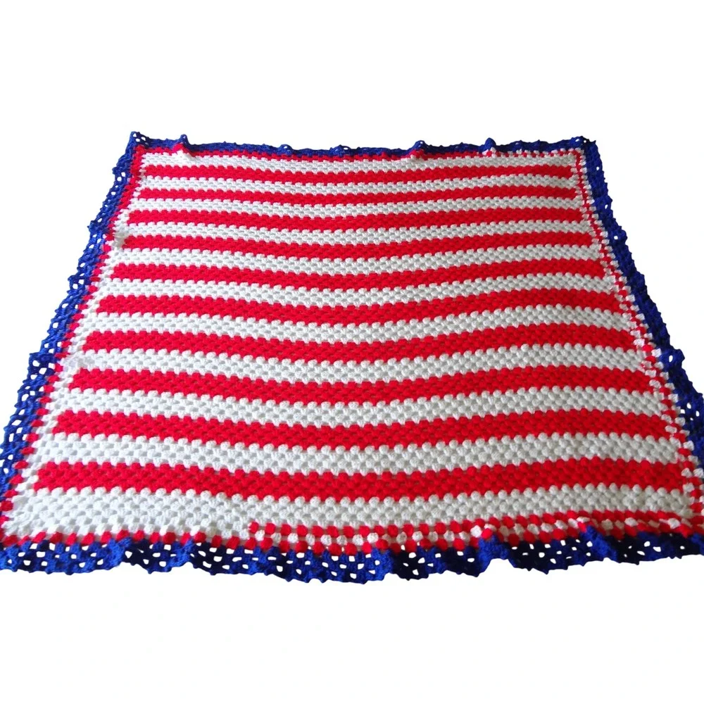 Handmade‎ Crochet Americana Blanket Red White Blue Striped Granny Square Throw